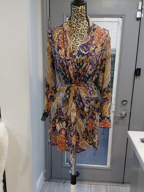 100% Silk TWP Paisley Print Button-Front Shirt - Navy, Gold, Red